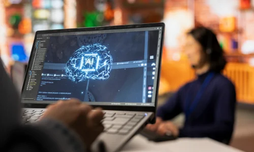 call-center-worker-using-ai-tech-laptop-reply-customers-closeup